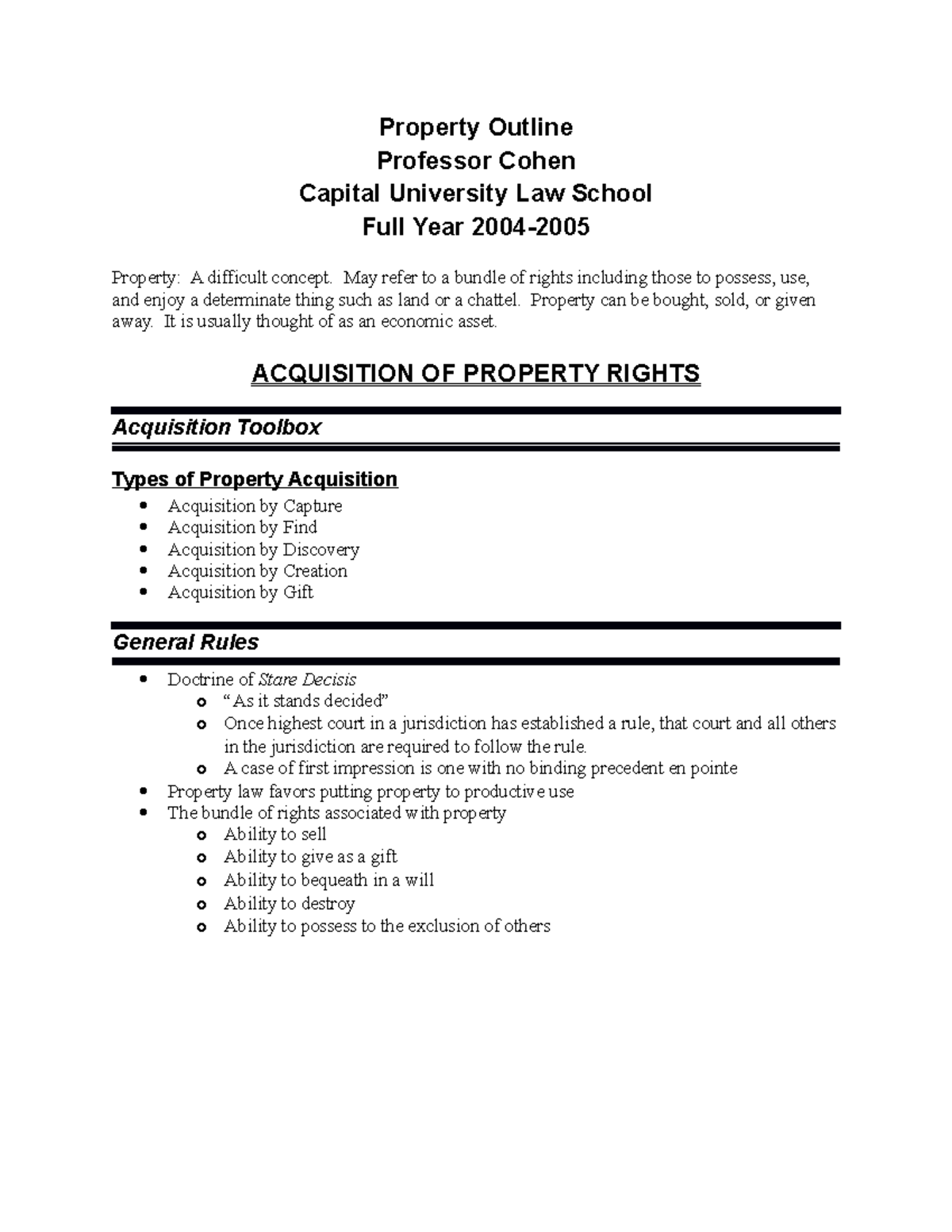 Property Outline Semester 1 Property Outline Professor Cohen Capital