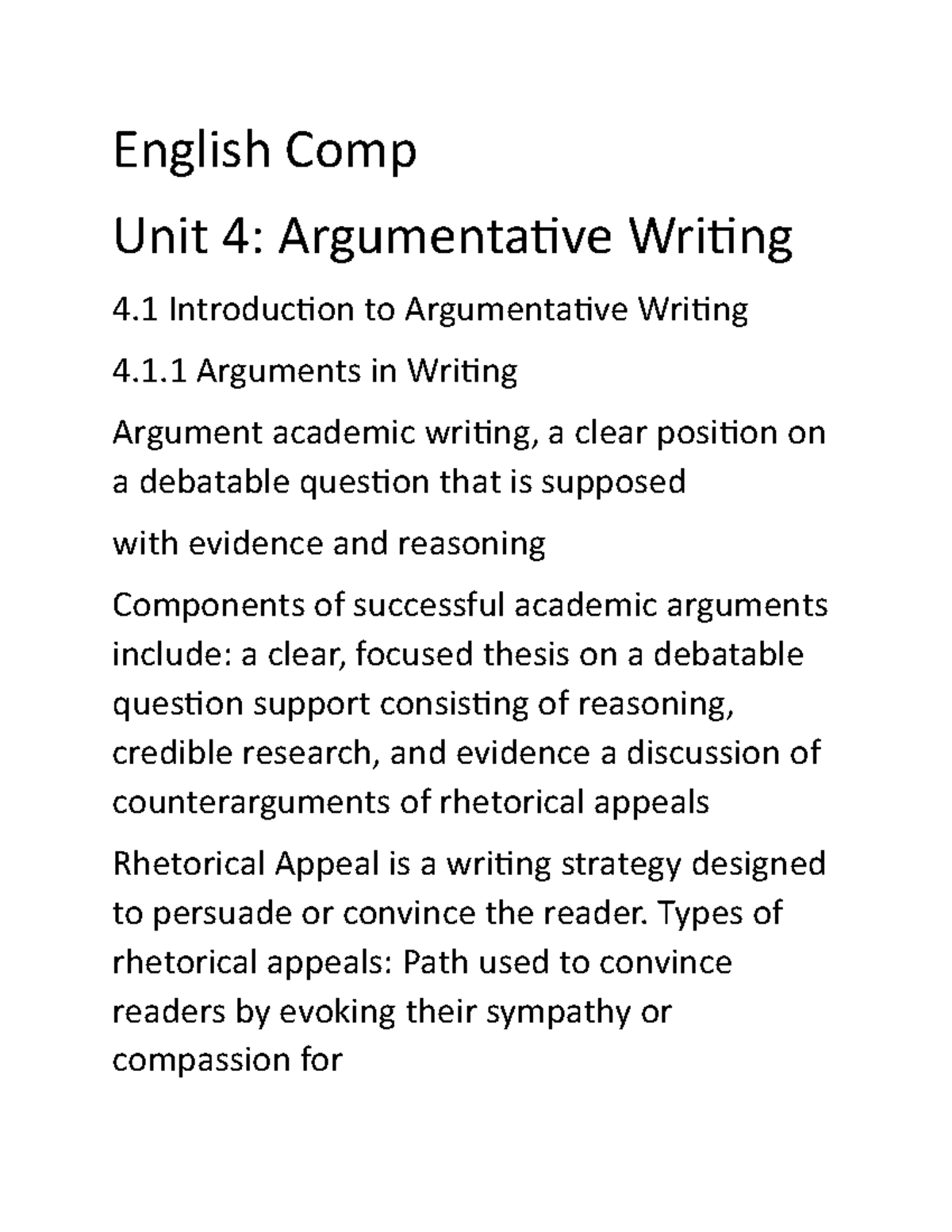 English Week 4 Notes - English Comp Unit 4: Argumentative Writing 4 ...