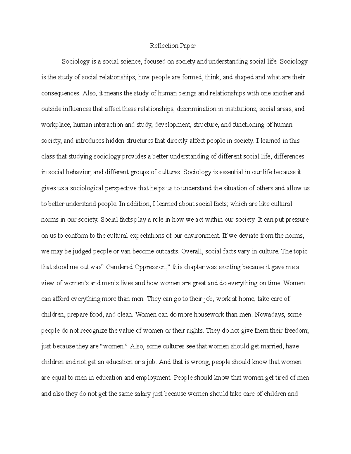 Soci- Reflection Paper - Reflection Paper Sociology Is A Social Science ...