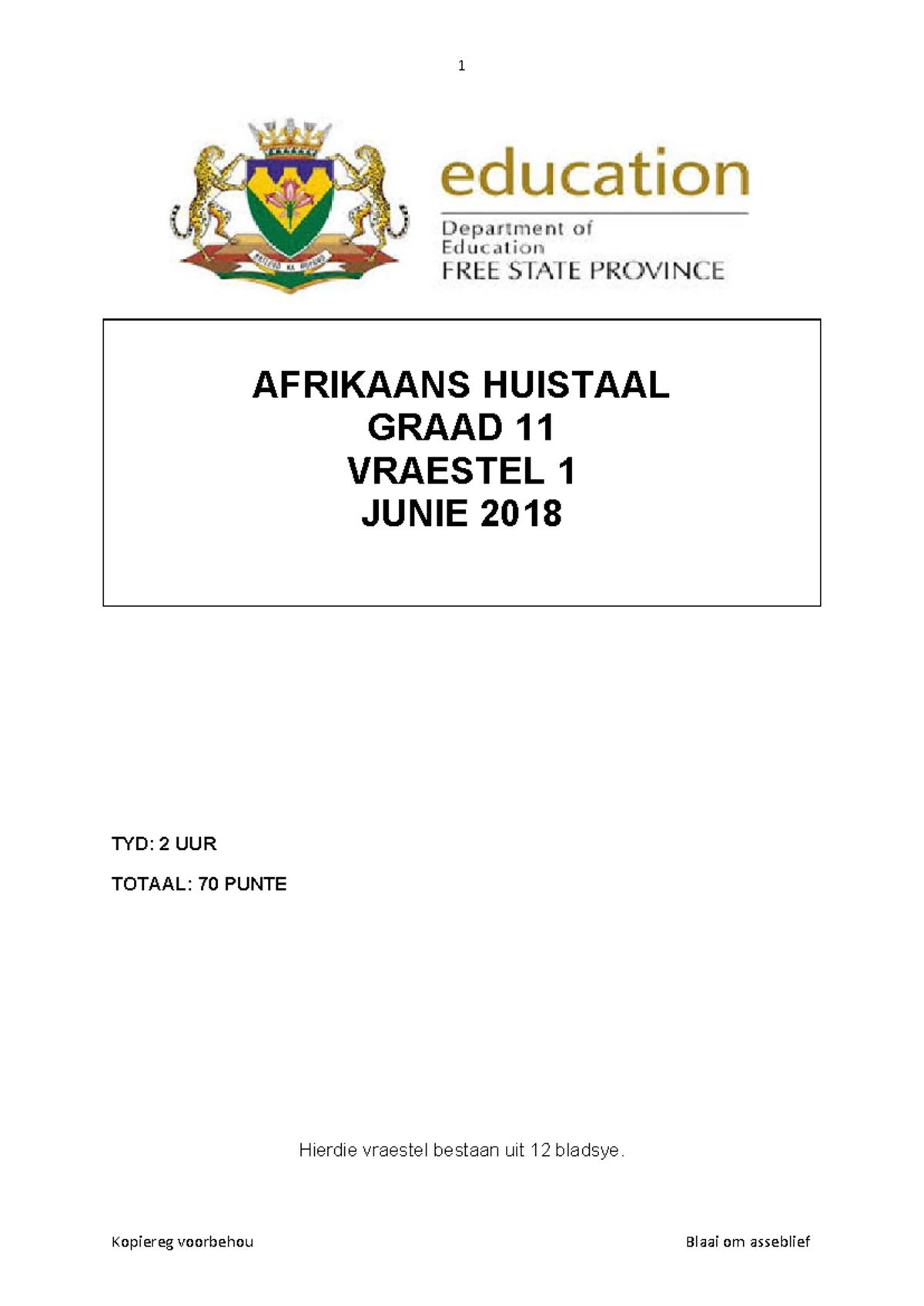 Afrikaans HT VS Provinsiale Vraestel 1 Graad 11 Junie 2018 - AFRIKAANS ...