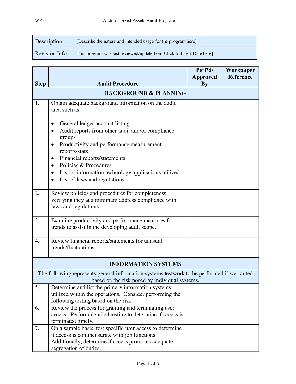 FIXED ASSETS AUDIT PROG TEMPLATE - Description [Describe the nature and ...