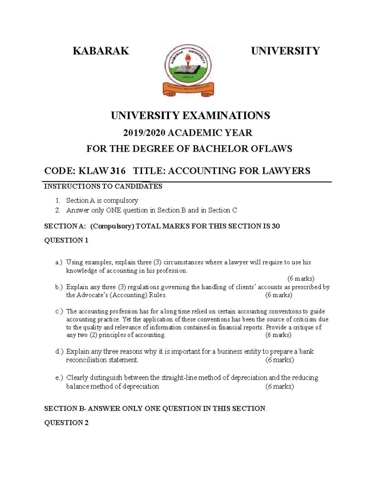 Accounting FOR Lawyers Examination KABARAK UNIVERSITY UNIVERSITY EXAMINATIONS 2019/2020