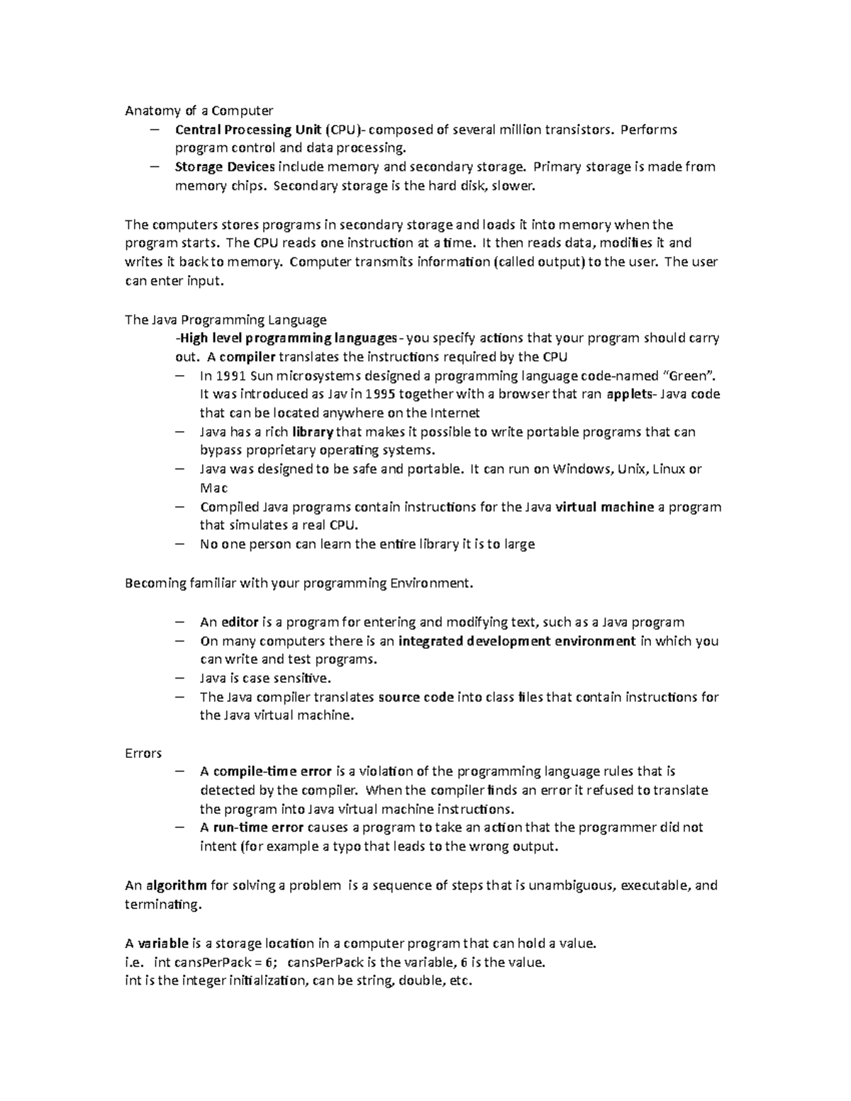 C169 notes - Anatomy of a Computer - Central Processing Unit (CPU ...