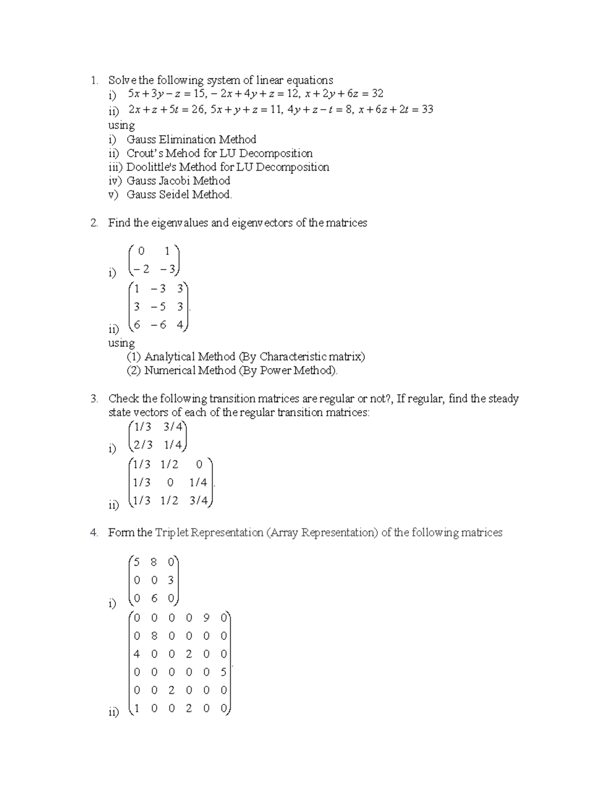 Linear Algebra Assignment - Solve The Following System Of Linear ...