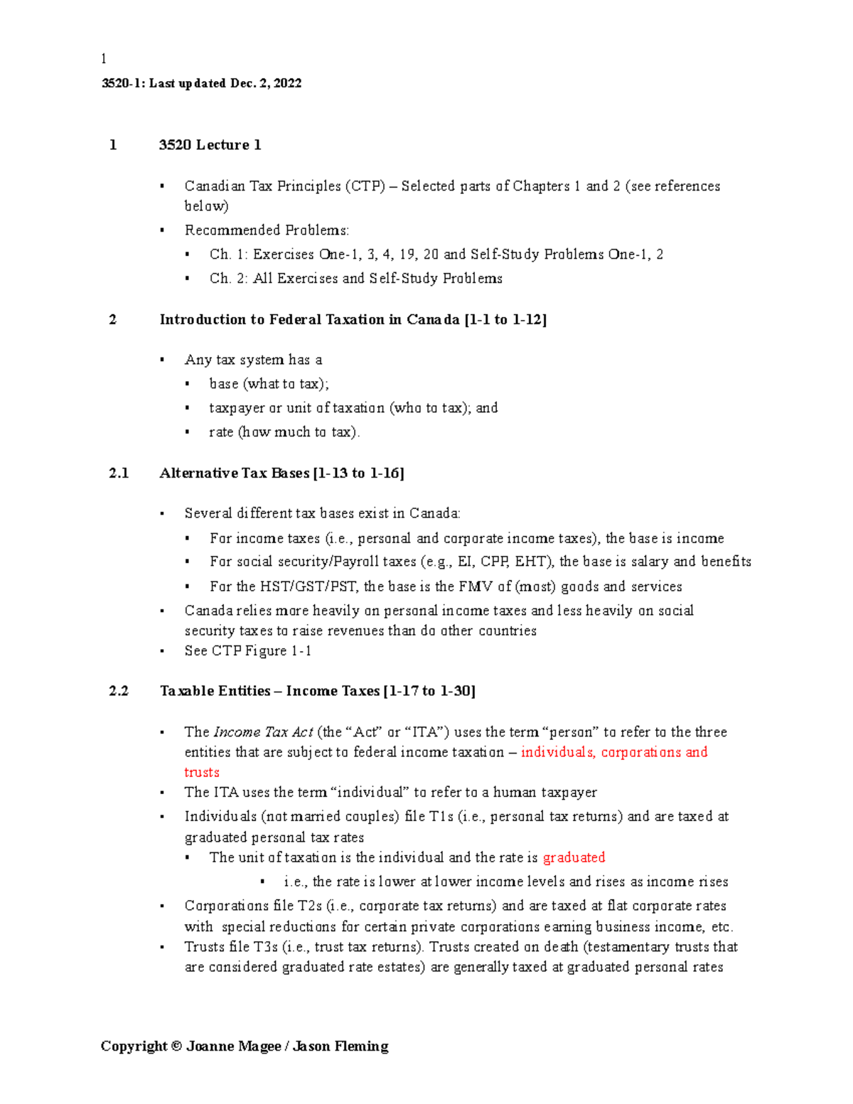 Lecture 1 Notes - 1 3520 Lecture 1 Canadian Tax Principles (CTP ...