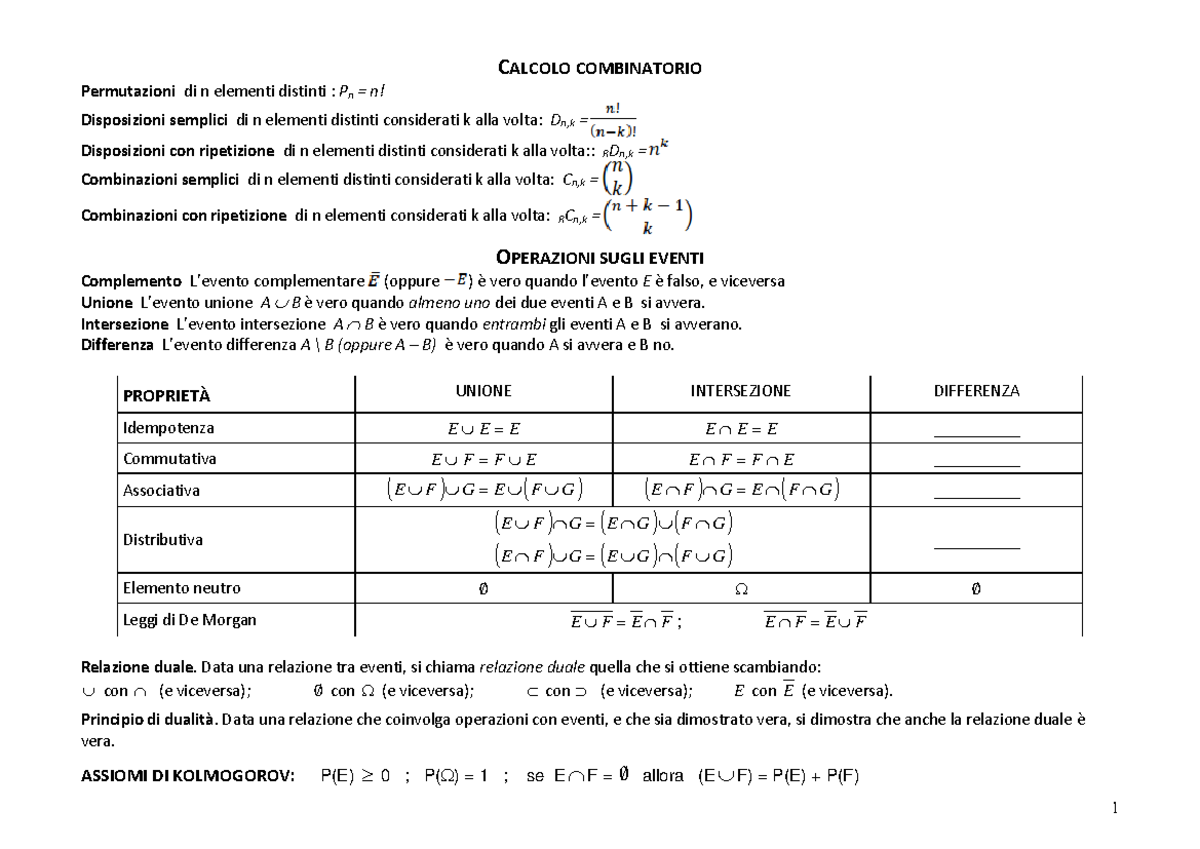 Formulario Calcolo Probabilita - CALCOLO COMBINATORIO Permutazioni Di N ...