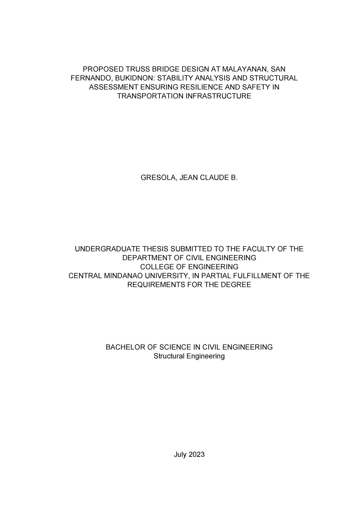 Final- Proposal- Claude - PROPOSED TRUSS BRIDGE DESIGN AT MALAYANAN ...