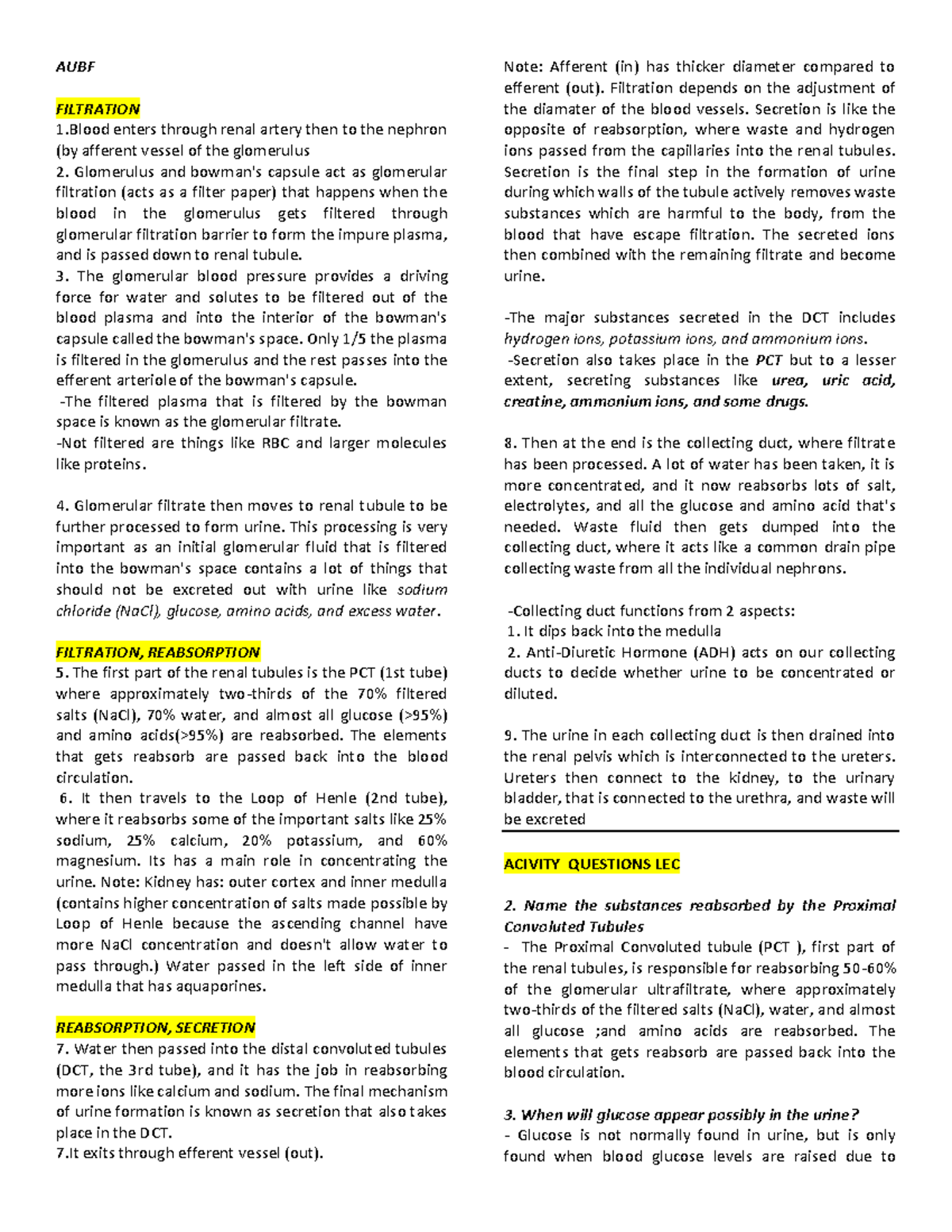 AUBF Filtration, Urinalysis AND Microscopic Examination ( Outline ...