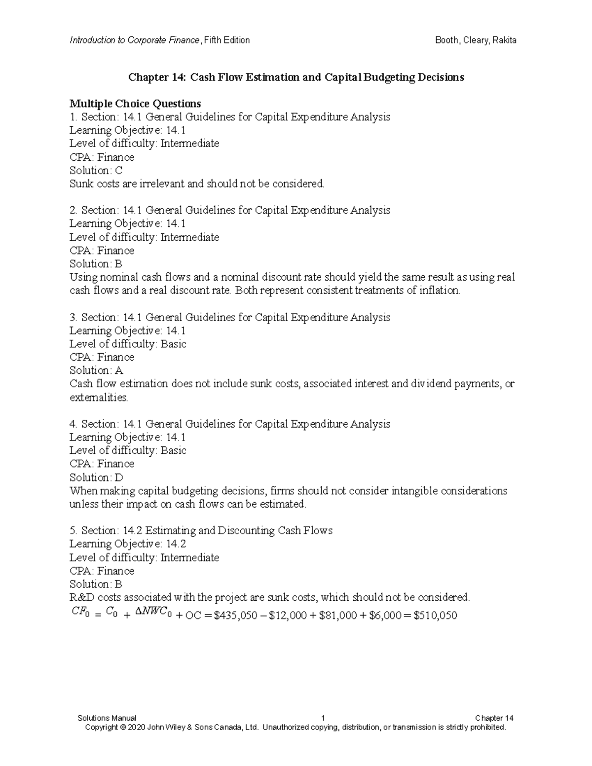 Booth 5e CH 14 SM - Chapter Question - Chapter 14: Cash Flow Estimation ...