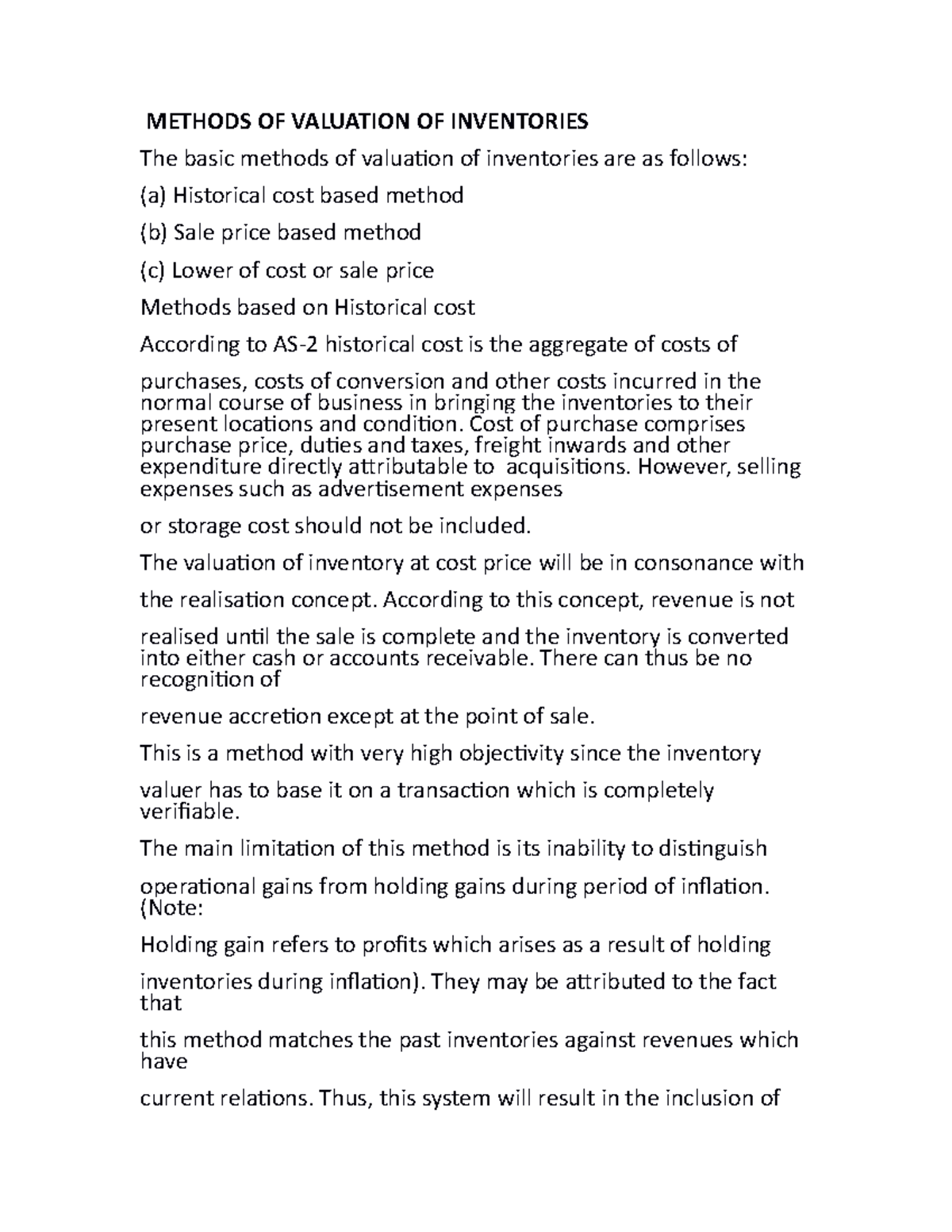Methods OF Valuation OF Inventories notes - METHODS OF VALUATION OF ...