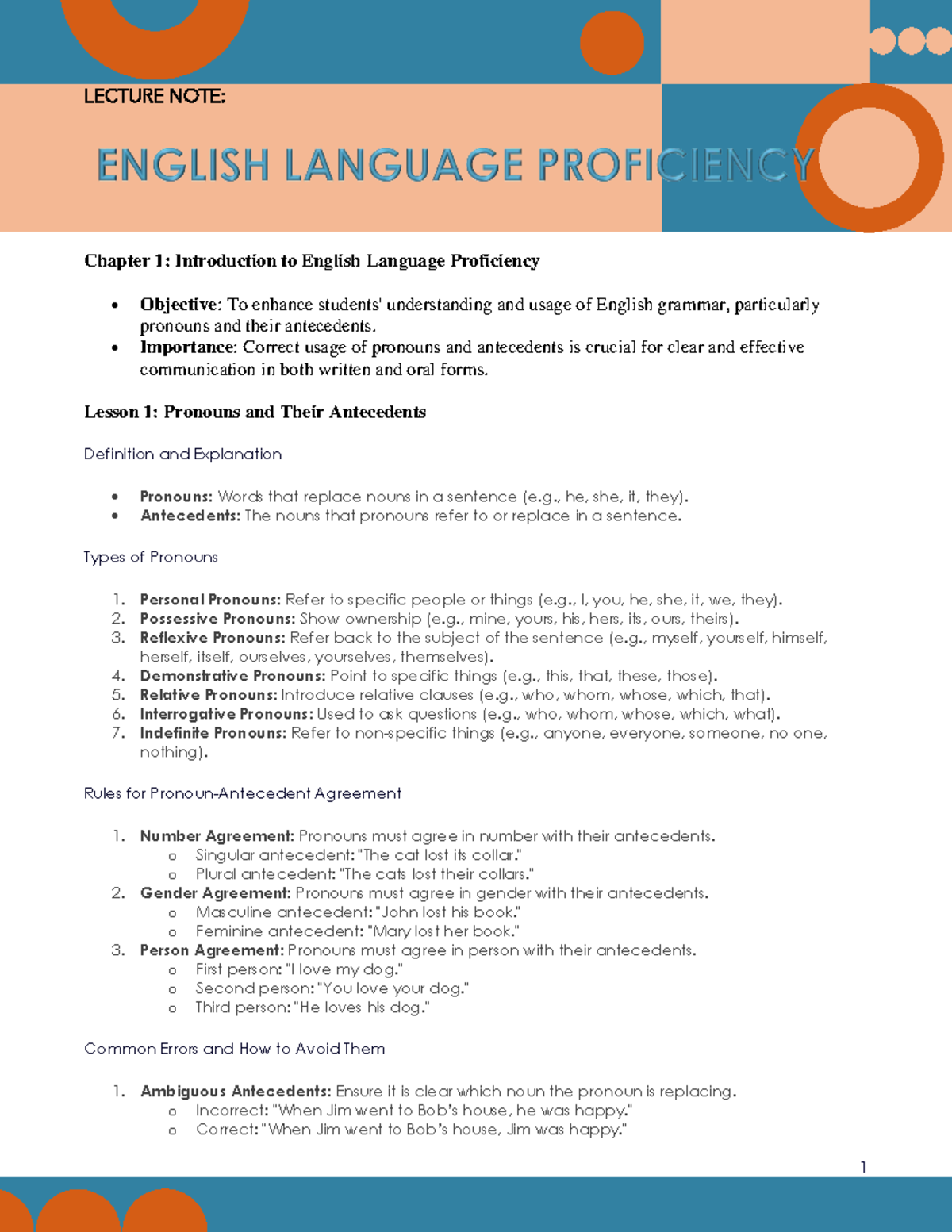 Lecture NOTE 1 - 1 LECTURE NOTE: Chapter 1: Introduction to English ...