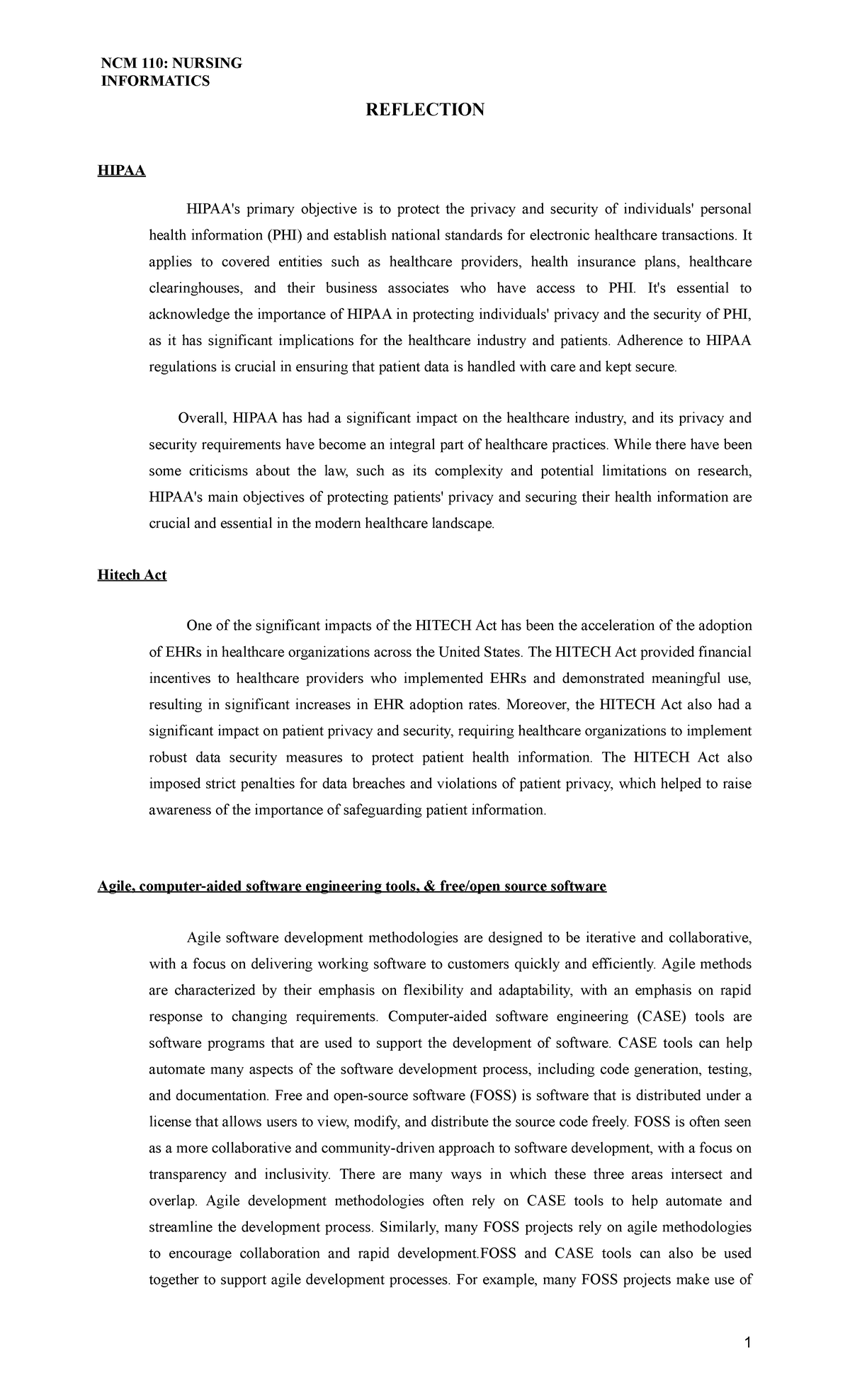 Reflection-NI - NURSING INFORMATICS - REFLECTION HIPAA HIPAA's primary ...