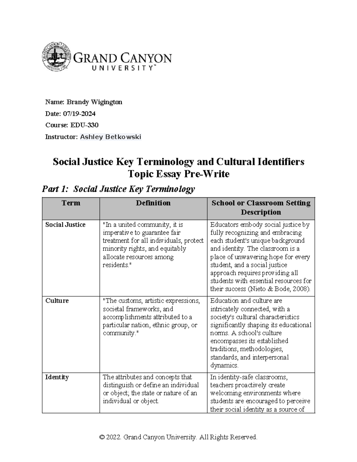 EDU 330 T1 Social Justice Terminologyand Cultural Identifiers Topic ...