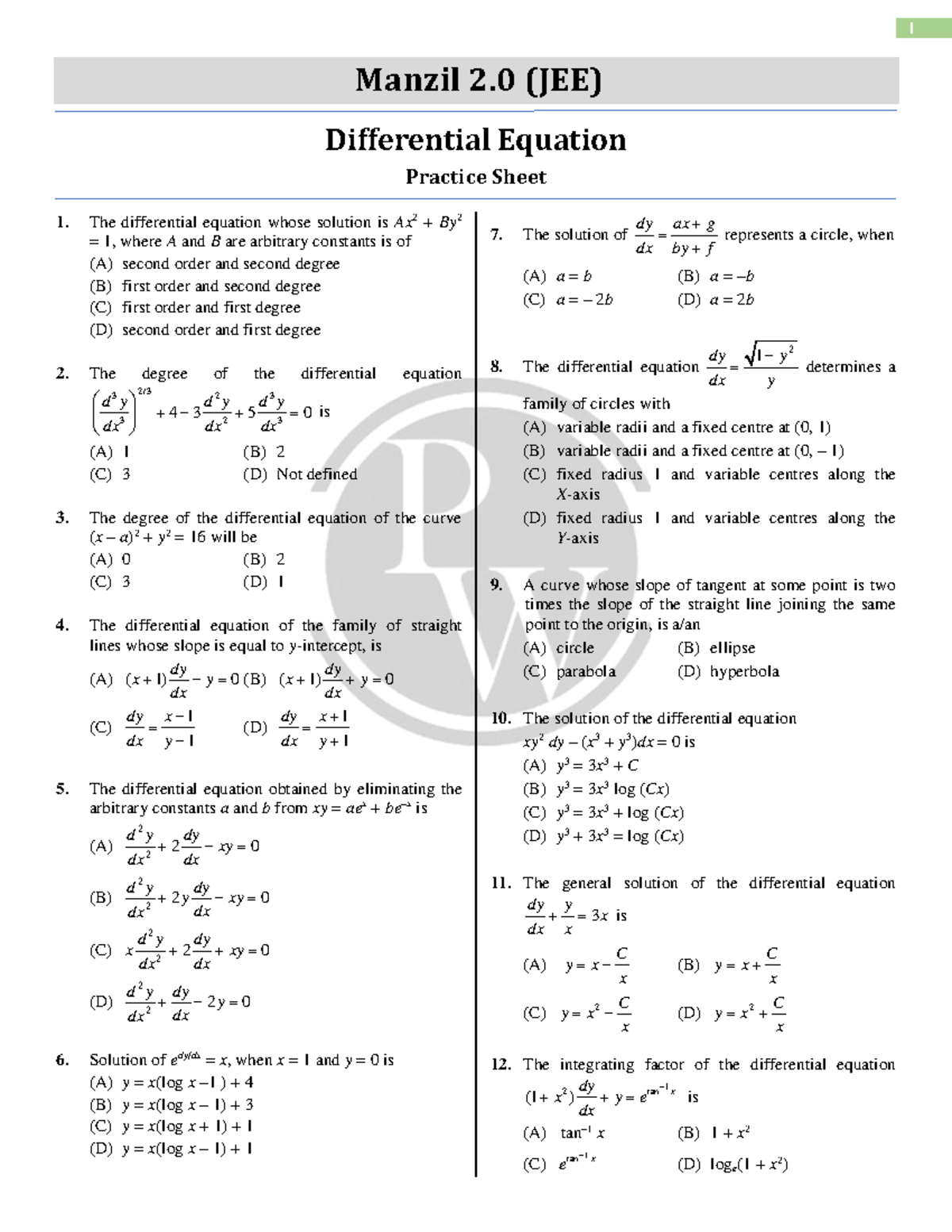 Differential Equations Practice Sheet Manzil 2 (JEE) Differential Equation Practice Sheet The