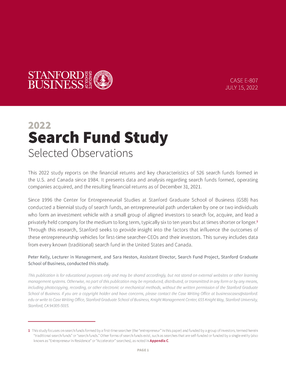 Search fund study 2022 Search Fund Study Selected Observations CASE E