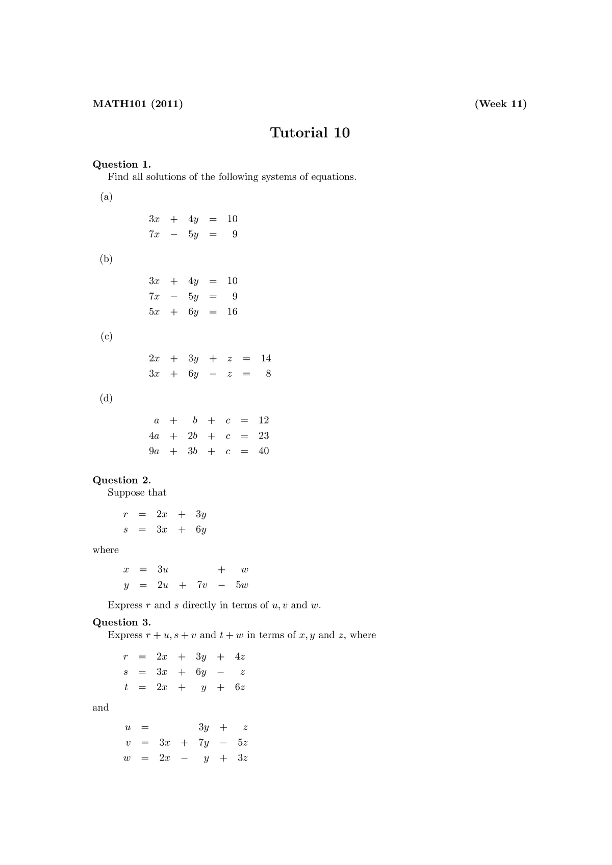 MATH101 2011 Tutorial 10 - MATH101 (2011) (Week 11) Tutorial 10 ...