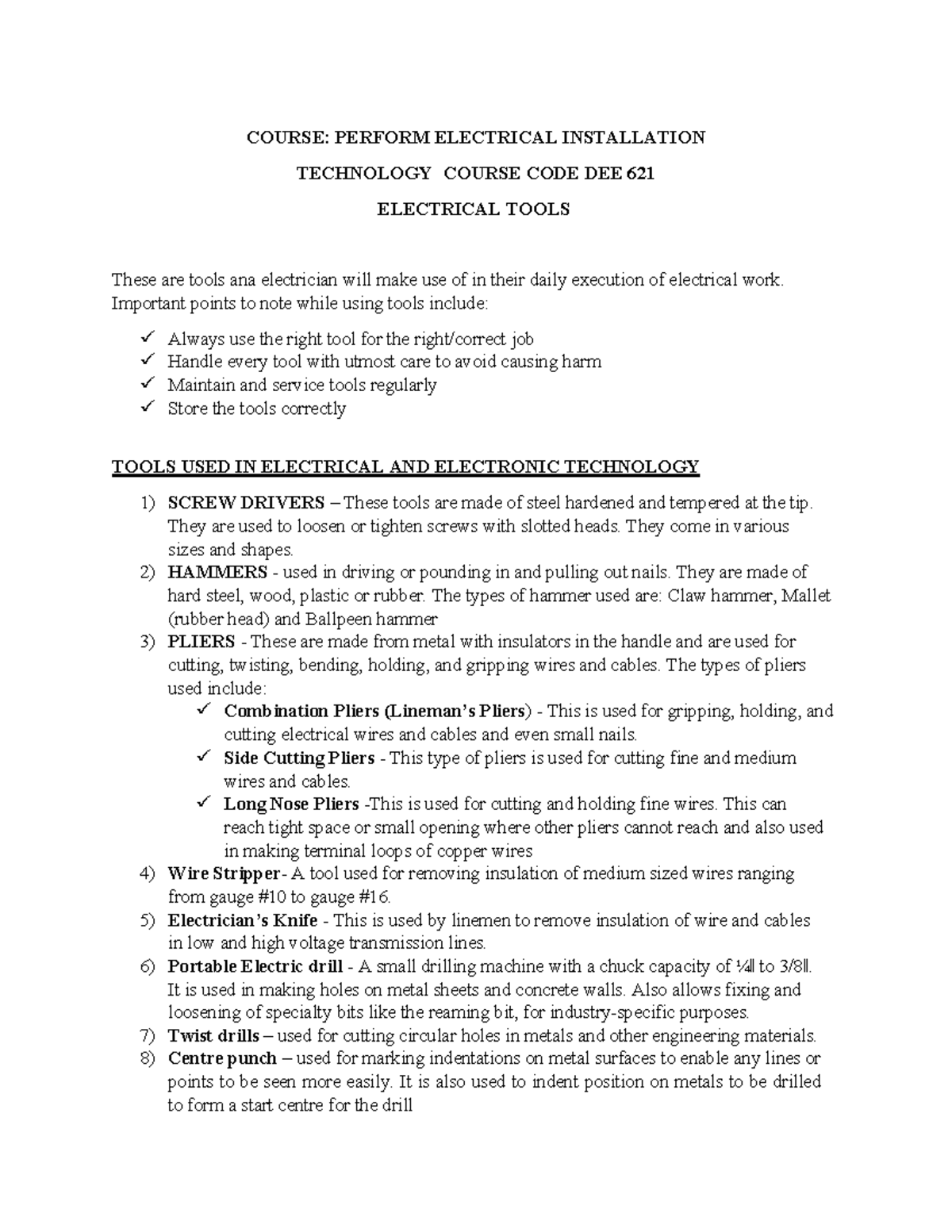 DEE EL 6 Tools 035307 - COURSE: PERFORM ELECTRICAL INSTALLATION ...