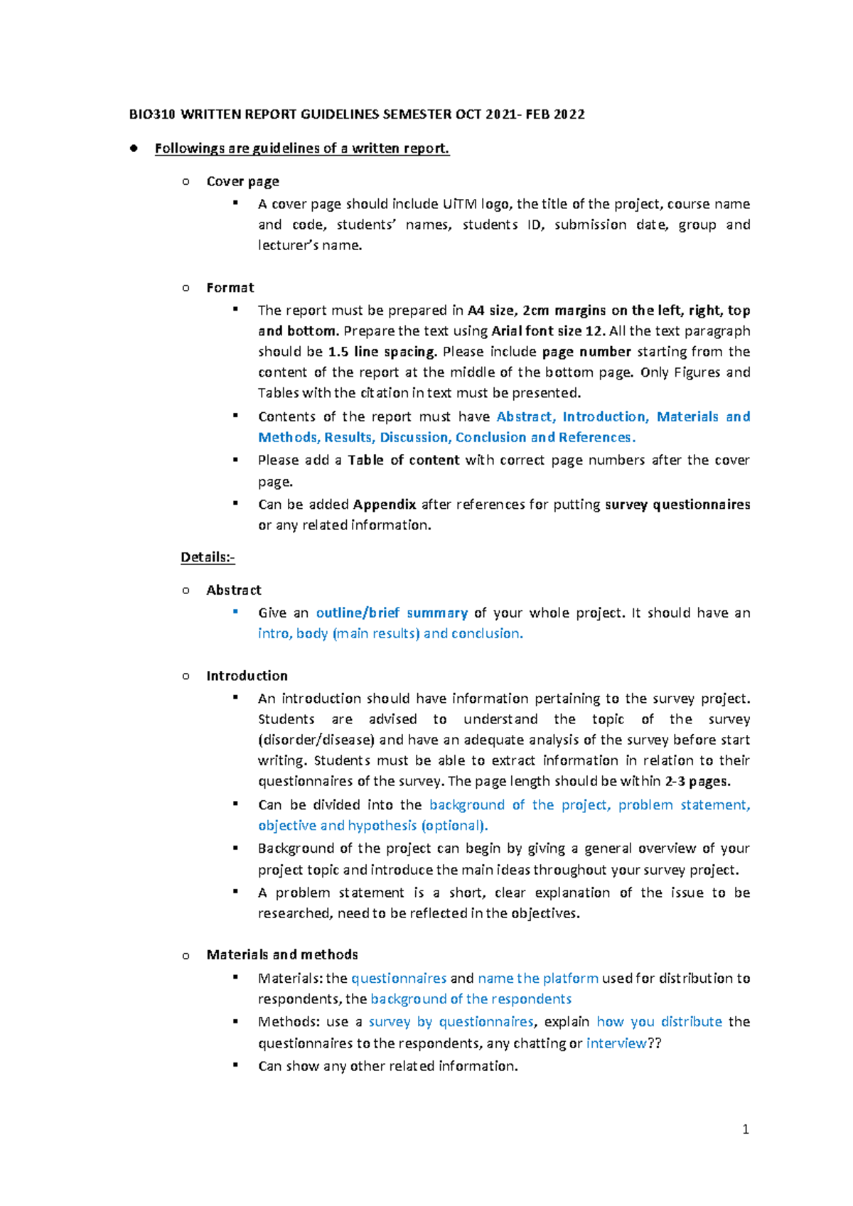 Written Report Guidelines BIO310 - BIO310 WRITTEN REPORT GUIDELINES ...