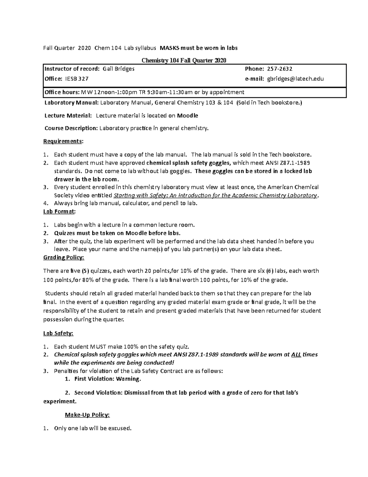 Bridges Fall Quarter 2020 Chem 104 Lab syllabus Fall Quarter 2020