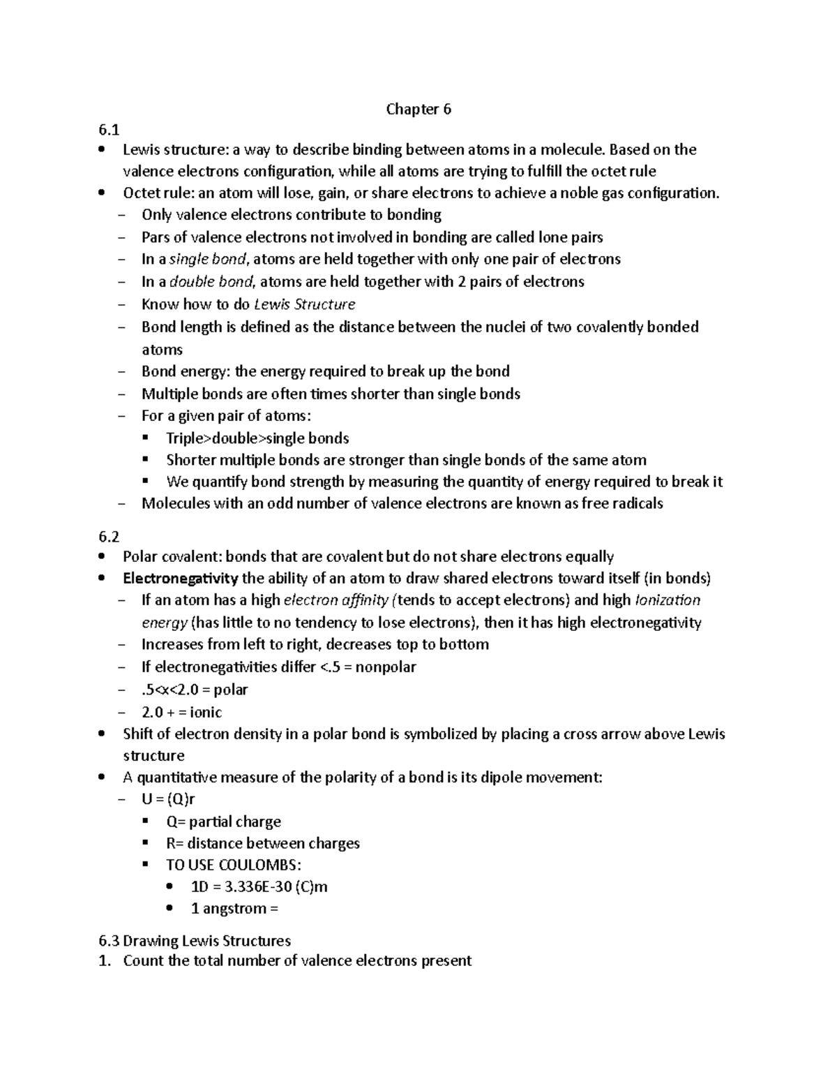 Chem Notes - Chapter 6 6 Lewis structure: a way to describe binding ...
