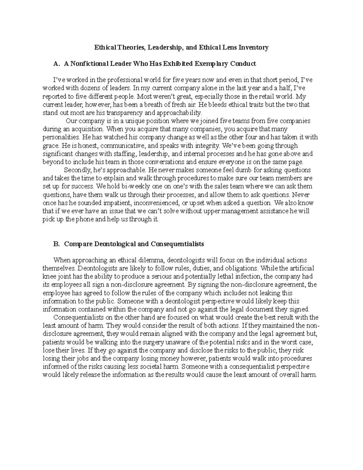 Task One- Essay - Task 1 - Ethical Theories, Leadership, and Ethical ...