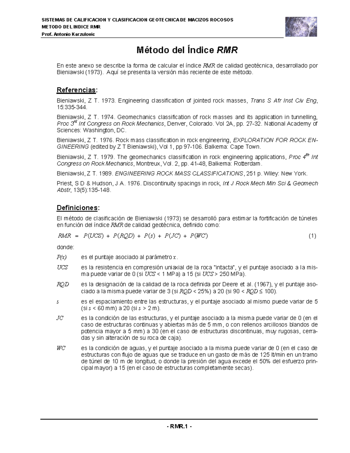 Mecanica rocas Metodo RMR Clasificacion Macizos - METODO DEL INDICE RMR ...