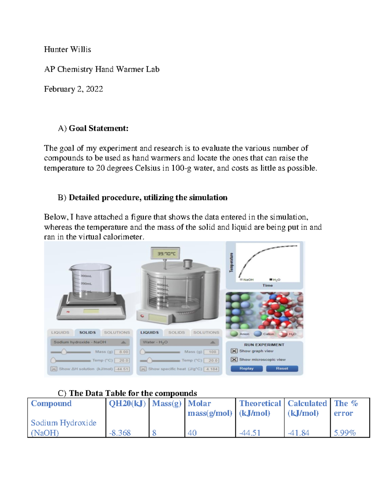 AP Chem Hand Warmer Chemistry Lab including answers. Hunter Willis