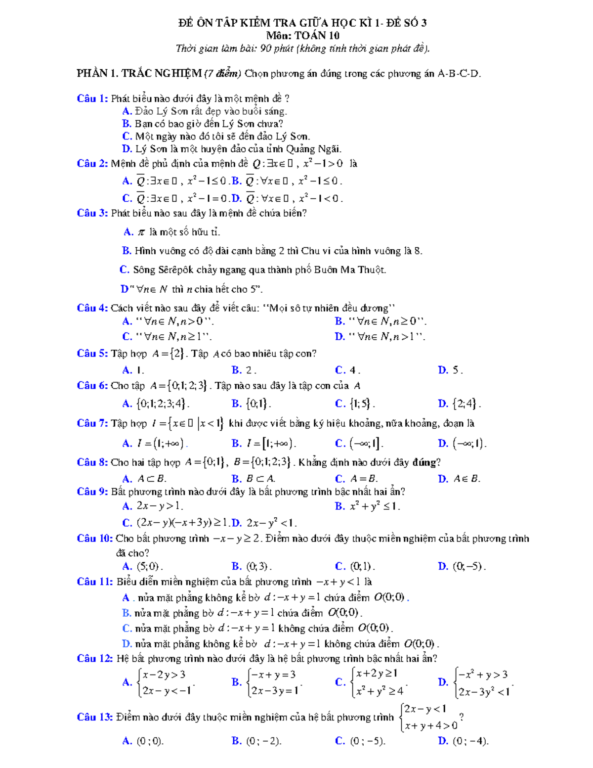 LOP 10 ÐỀ 3 GK1 - Bài tập toán ôn giữa kì - ####### ĐỀ ÔN TÂP KIỂM TRA ...