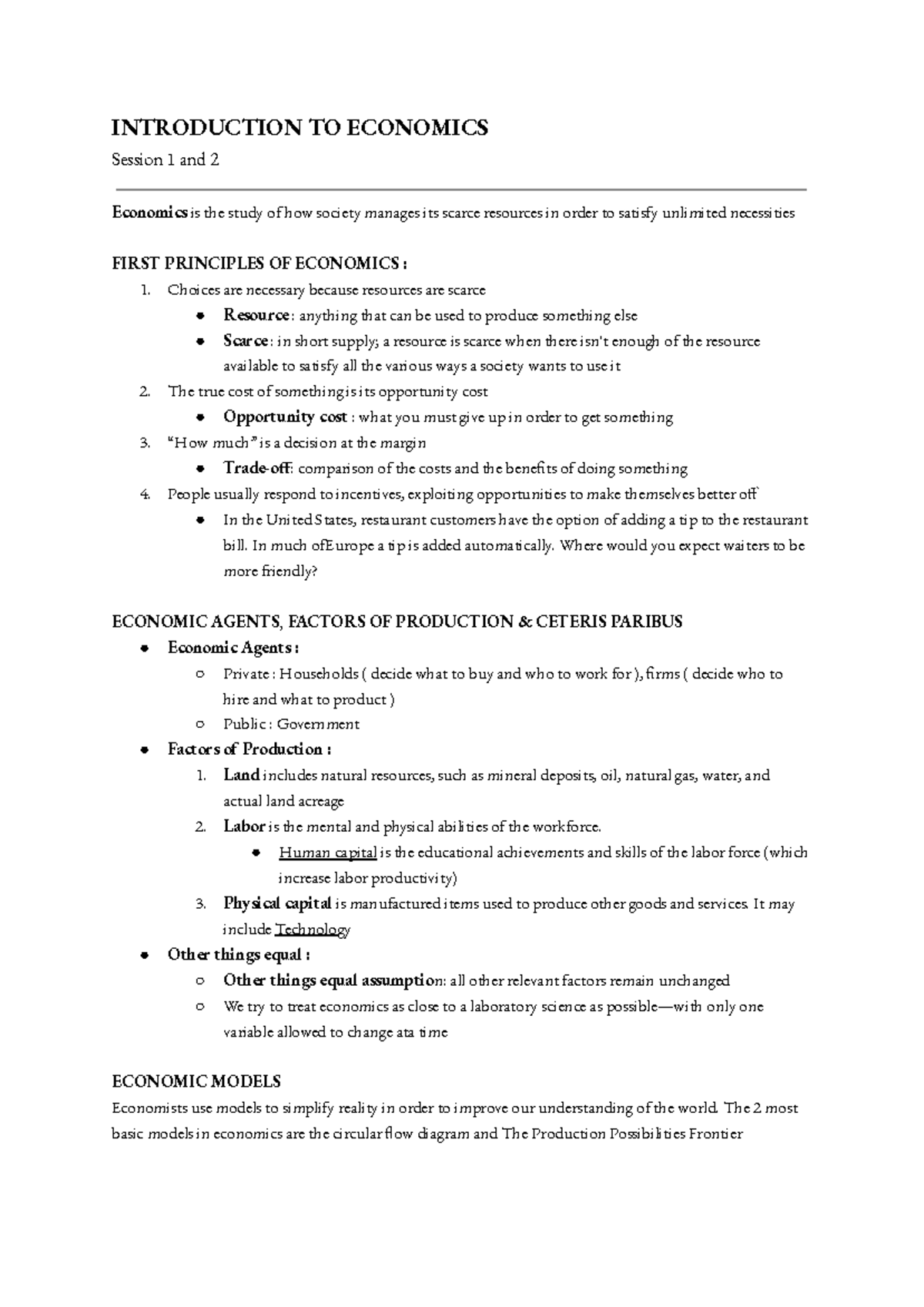 Microeconomics Notes Sessions 1 - 5 - INTRODUCTION TO ECONOMICS Session ...