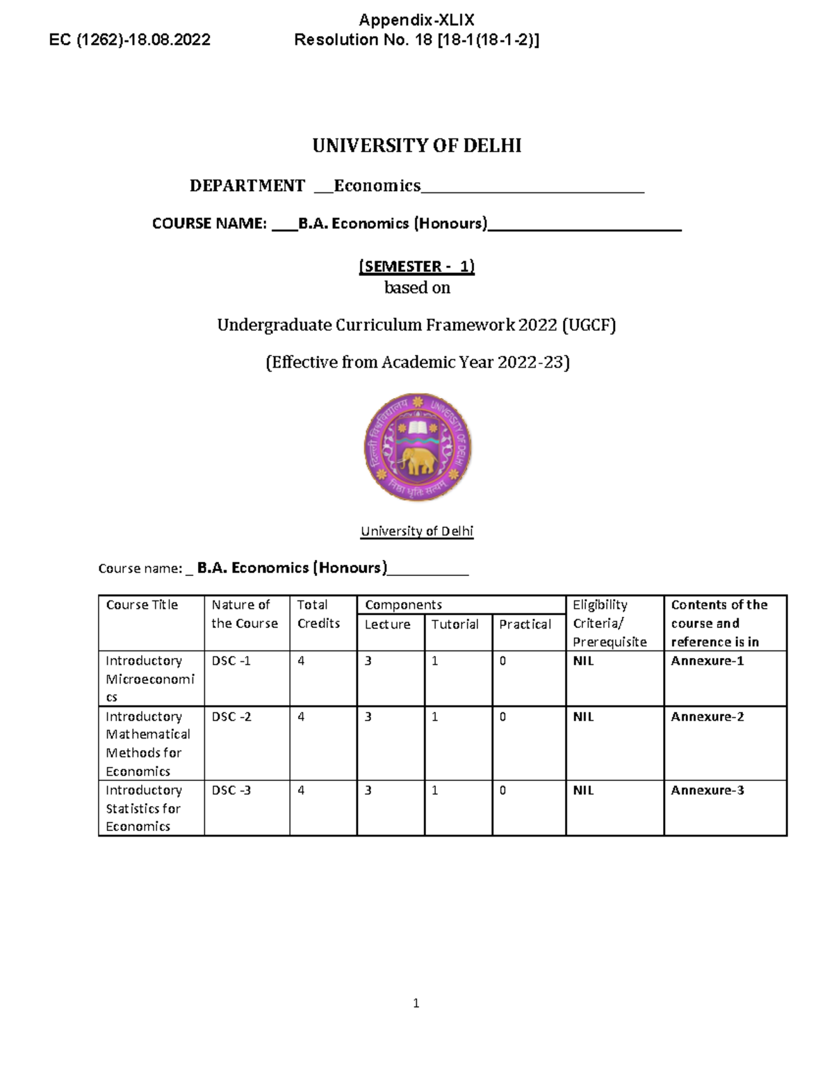 Economics DU Appendix - UNIVERSITY OF DELHI DEPARTMENT Economics