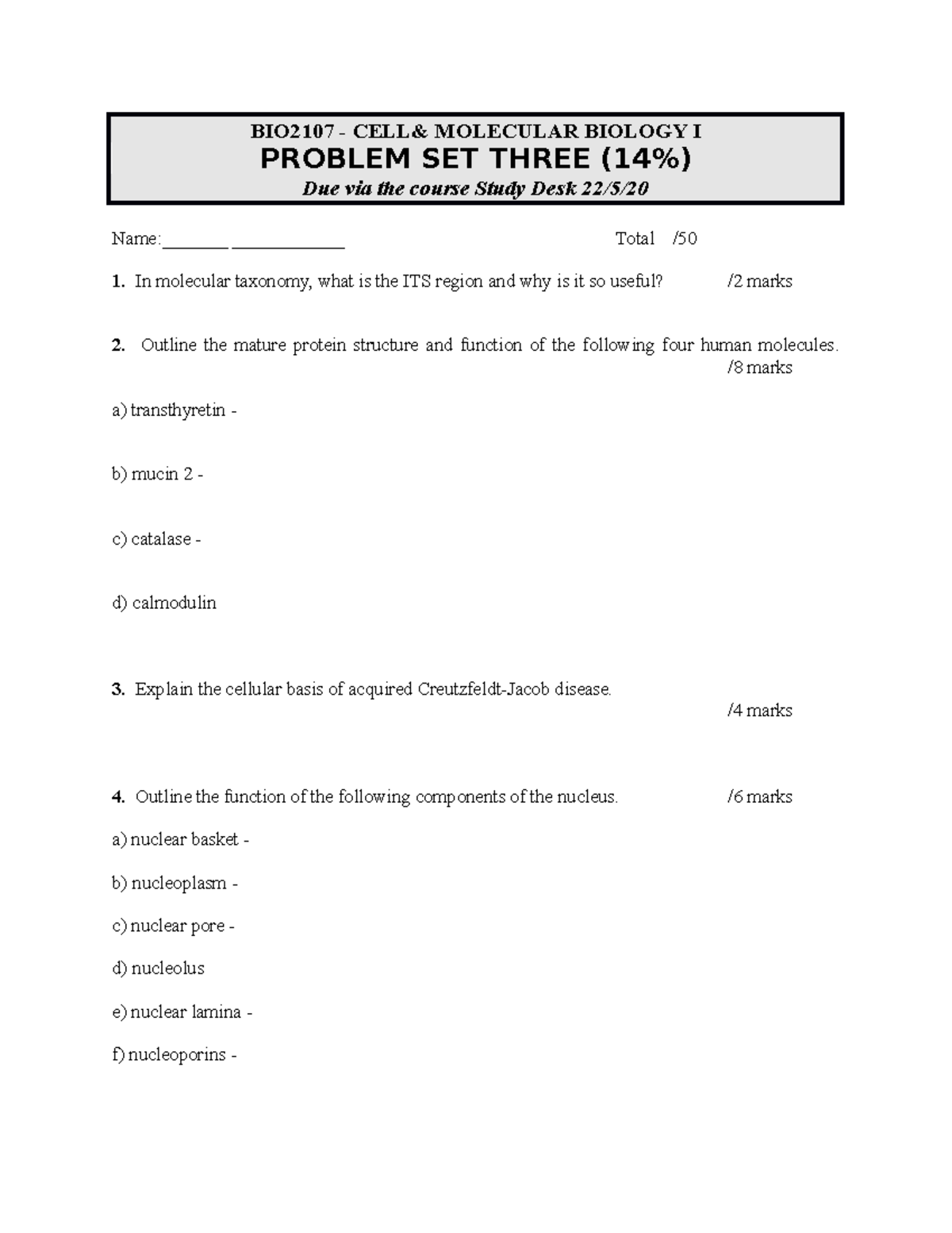 Problem set 3 questions - BIO2107 - CELL& MOLECULAR BIOLOGY I PROBLEM ...