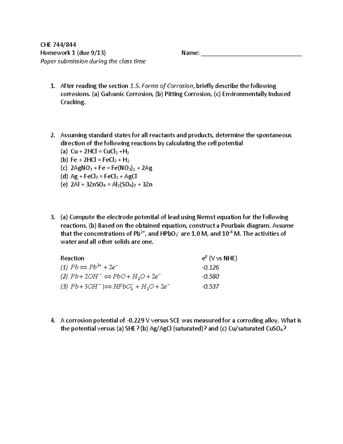 Homework 1 - Corrosion Worksheet for Support - CHE 744/ Homework 1 (due ...