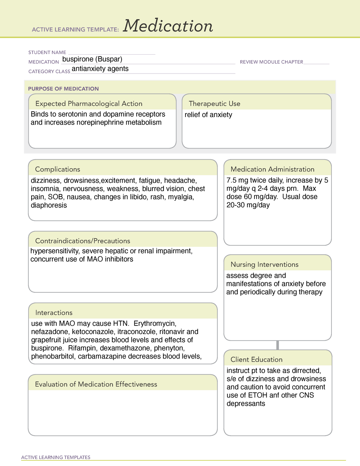 Buspirone ATI medication template ACTIVE LEARNING TEMPLATES