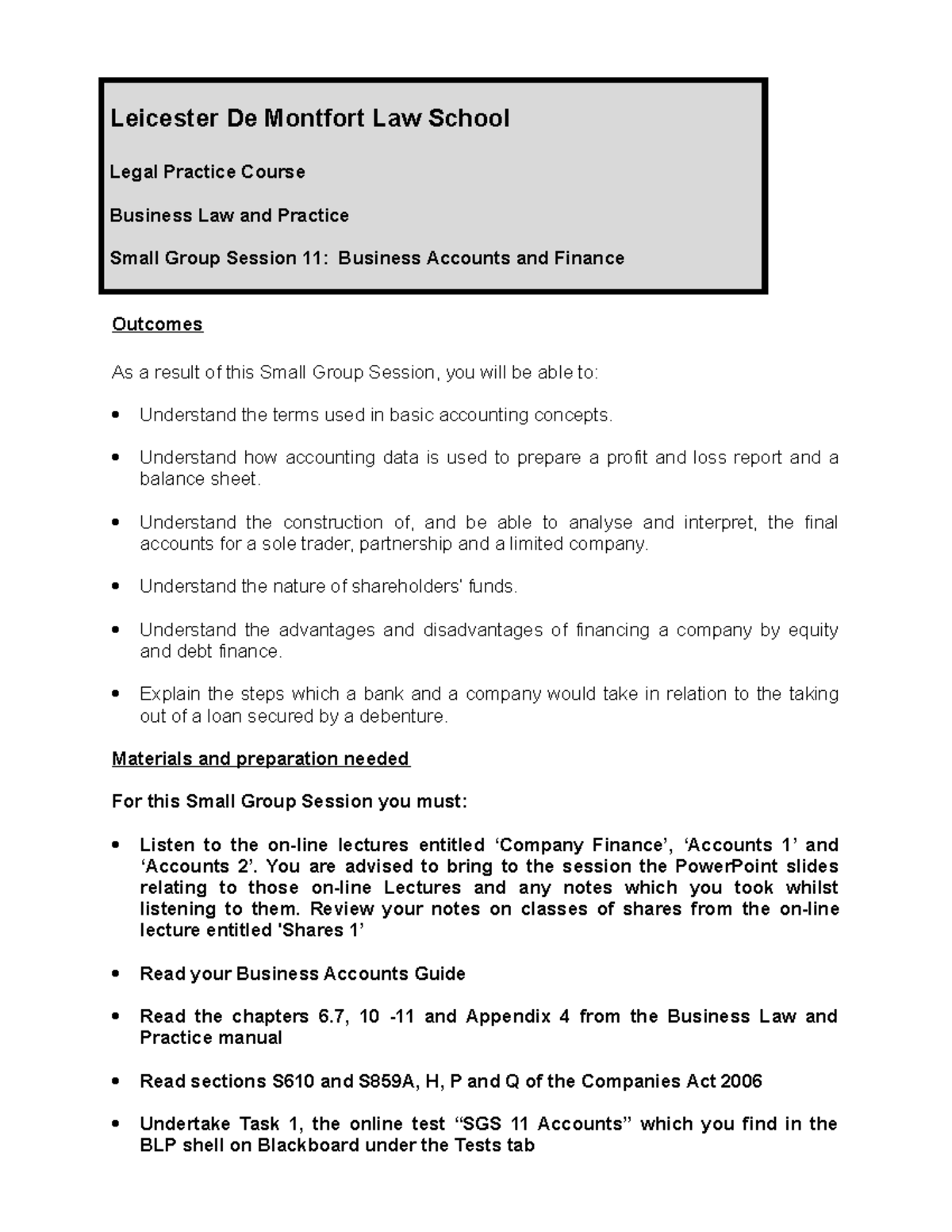 11 Business Accounts and Finance Leicester De Montfort Law School