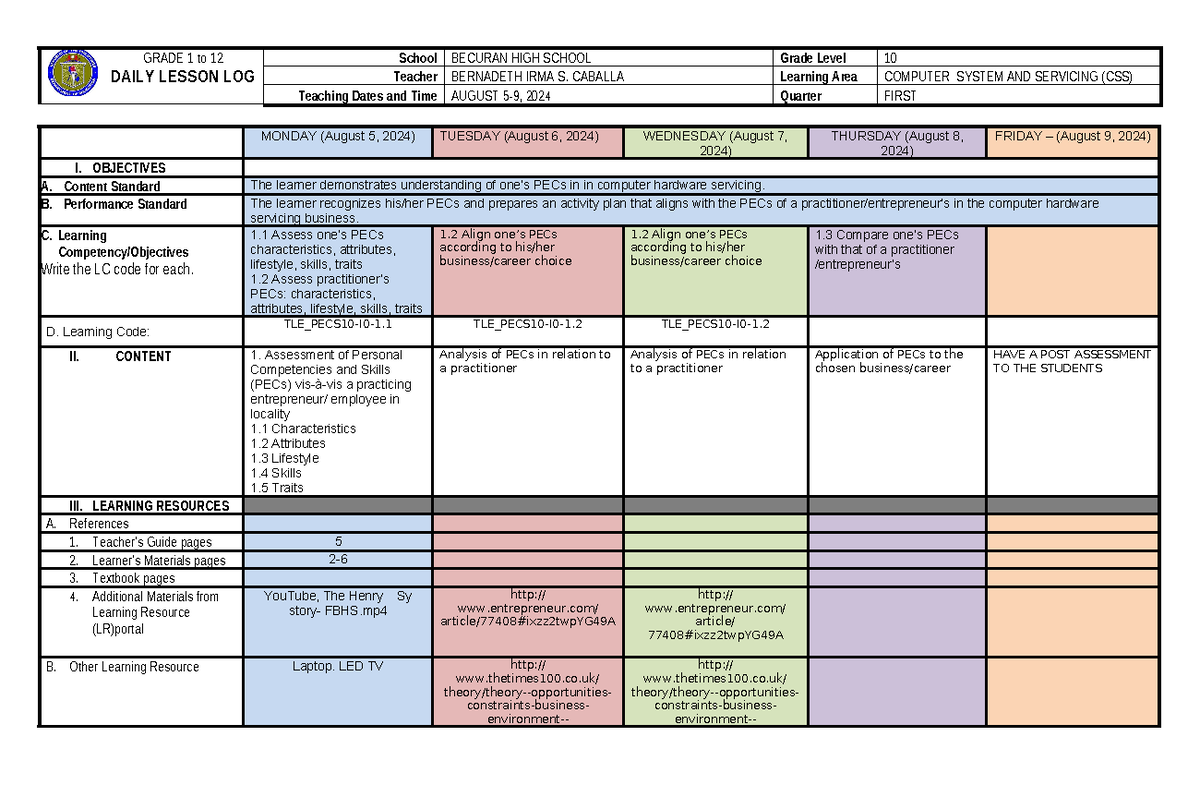 DLL ICT 10 1ST Quarter WEEK 2 - GRADE 1 to 12 DAILY LESSON LOG School ...