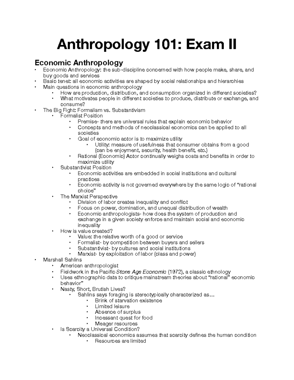 Anthropology 101 Notes Exam 2 - Anthropology 101: Exam II Economic ...