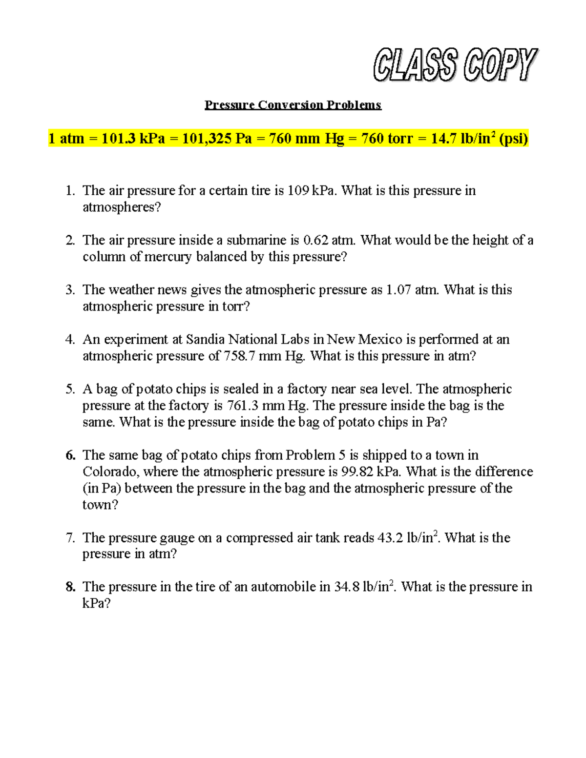 Pressure Conversion Problems - The air pressure for a certain tire is ...