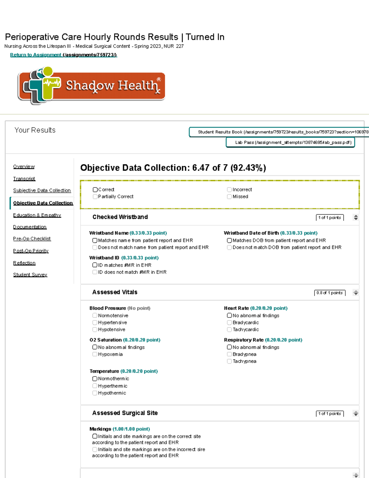 Perioperative objective data Perioperative Care Hourly Rounds Results