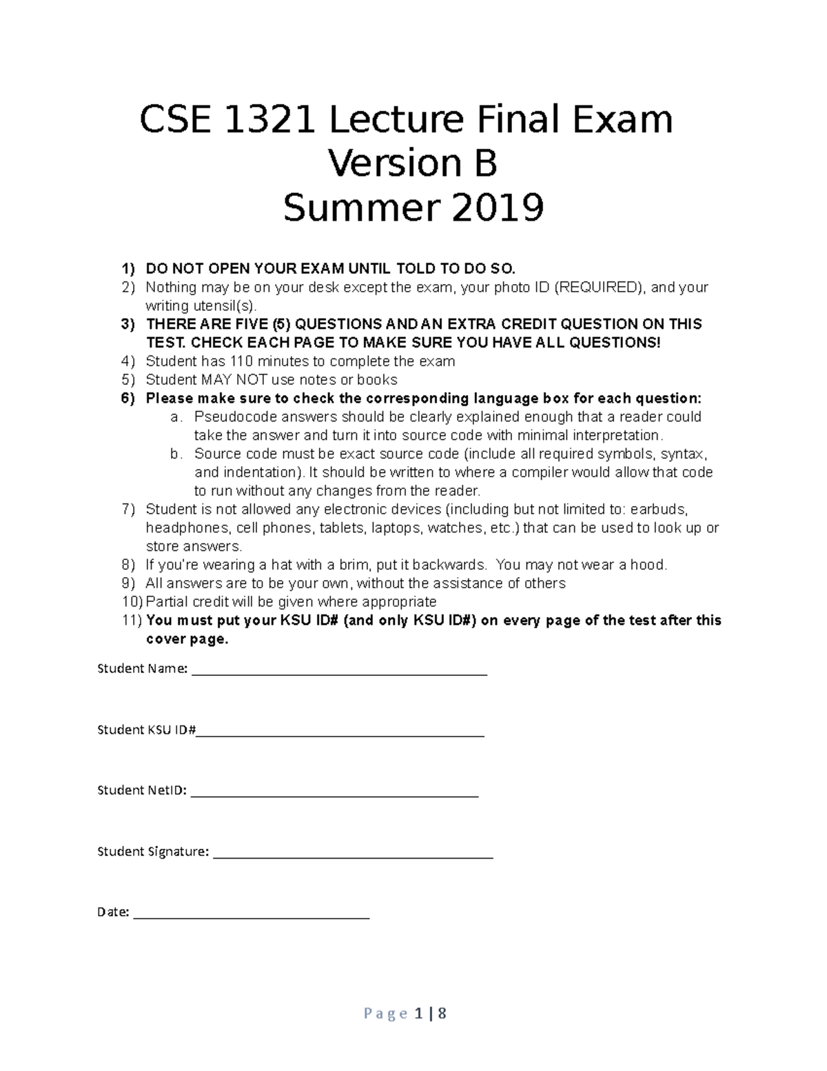 Summer 2019 - Final Exam B - CSE 1321 Lecture Final Exam Version B ...