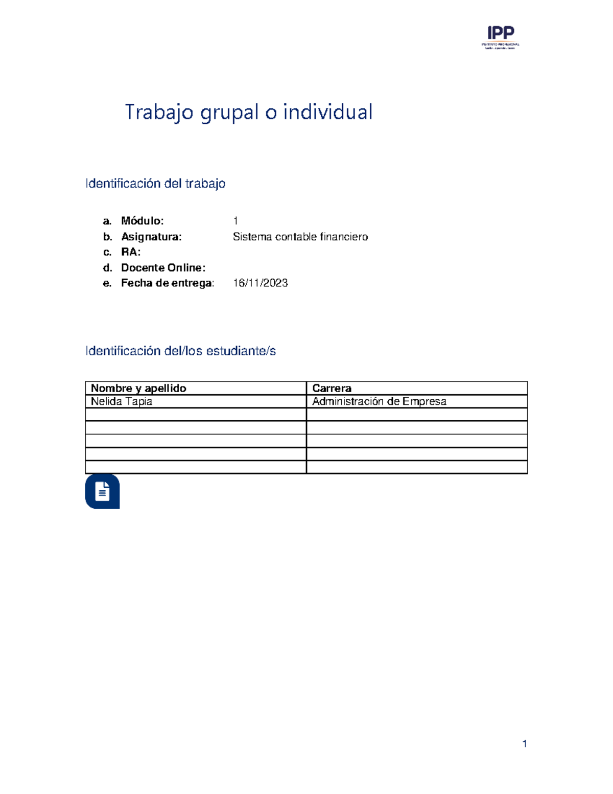 Sistema Contable Financiero I M I - 1 Trabajo Grupal O Individual ...