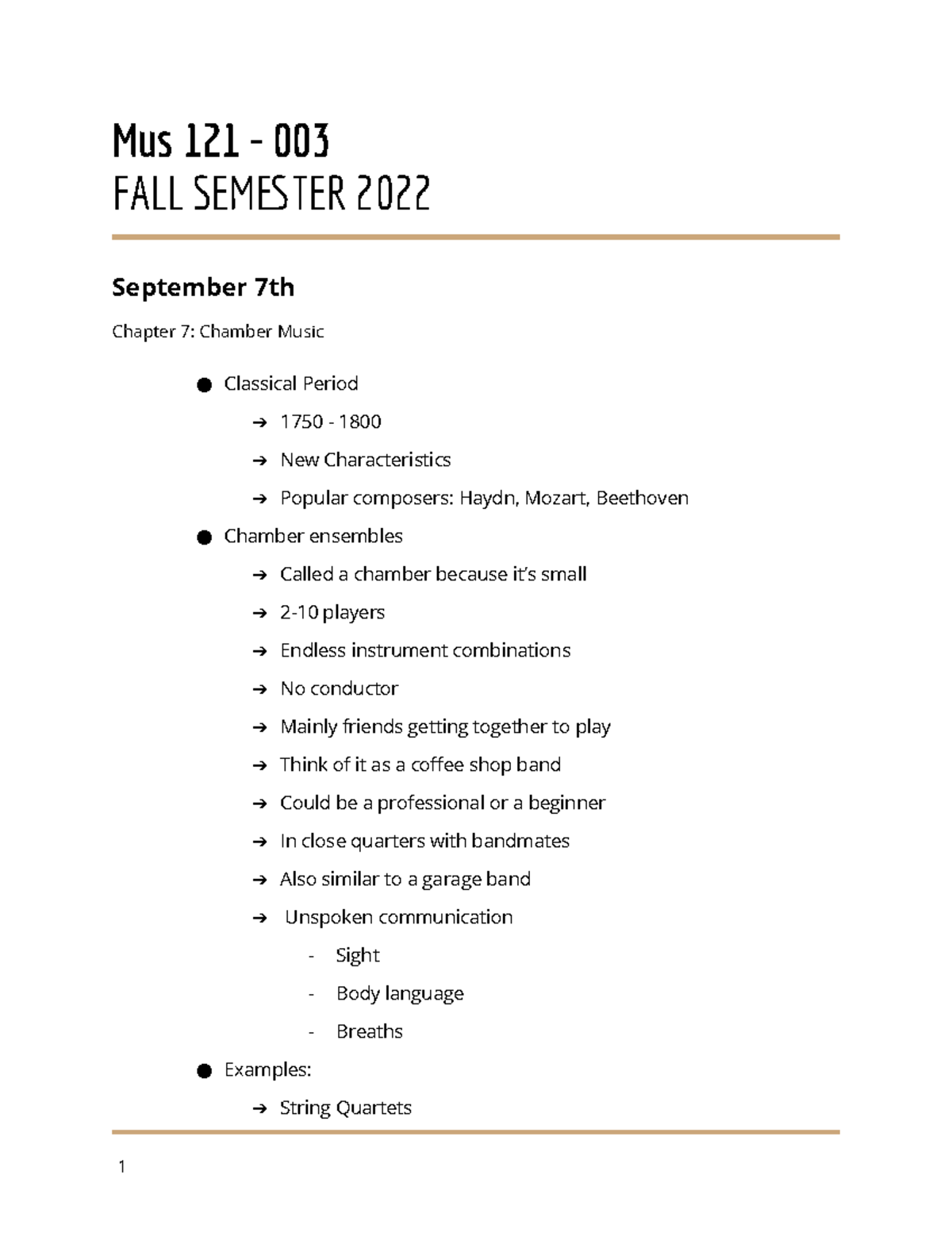 Mus 121 Notes Mus 121 003 FALL SEMESTER 2022 September 7th Chapter 7 Chamber Music
