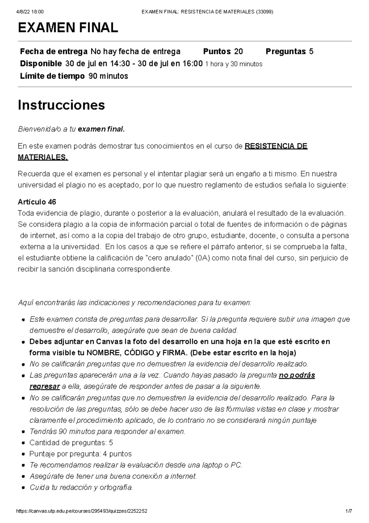 Examen Final Resistencia DE Materiales (33099) - EXAMEN FINAL Fecha De ...