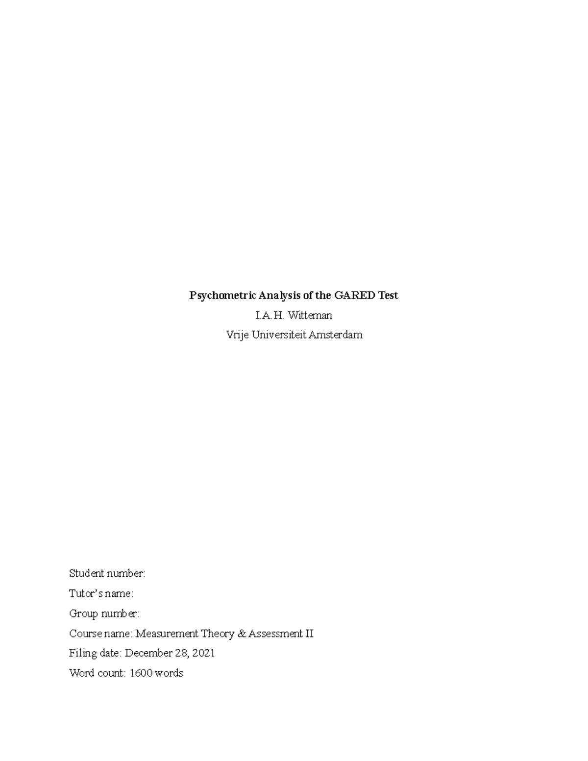 Mta 2 - My paper for MTA 2 about the Psychometric Analysis of the GARED ...