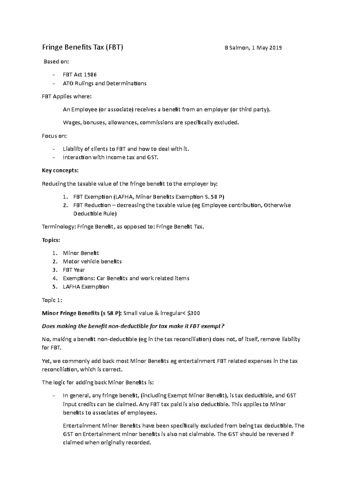 FBT Seminar - final version - Fringe Benefits Tax (FBT) B Salmon, 1 May ...