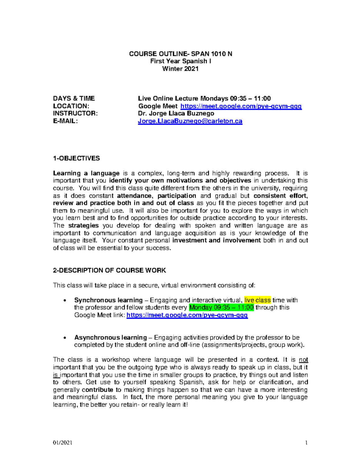 SPAN 1010N-merged - good - COURSE OUTLINE- SPAN 1010 N First Year ...
