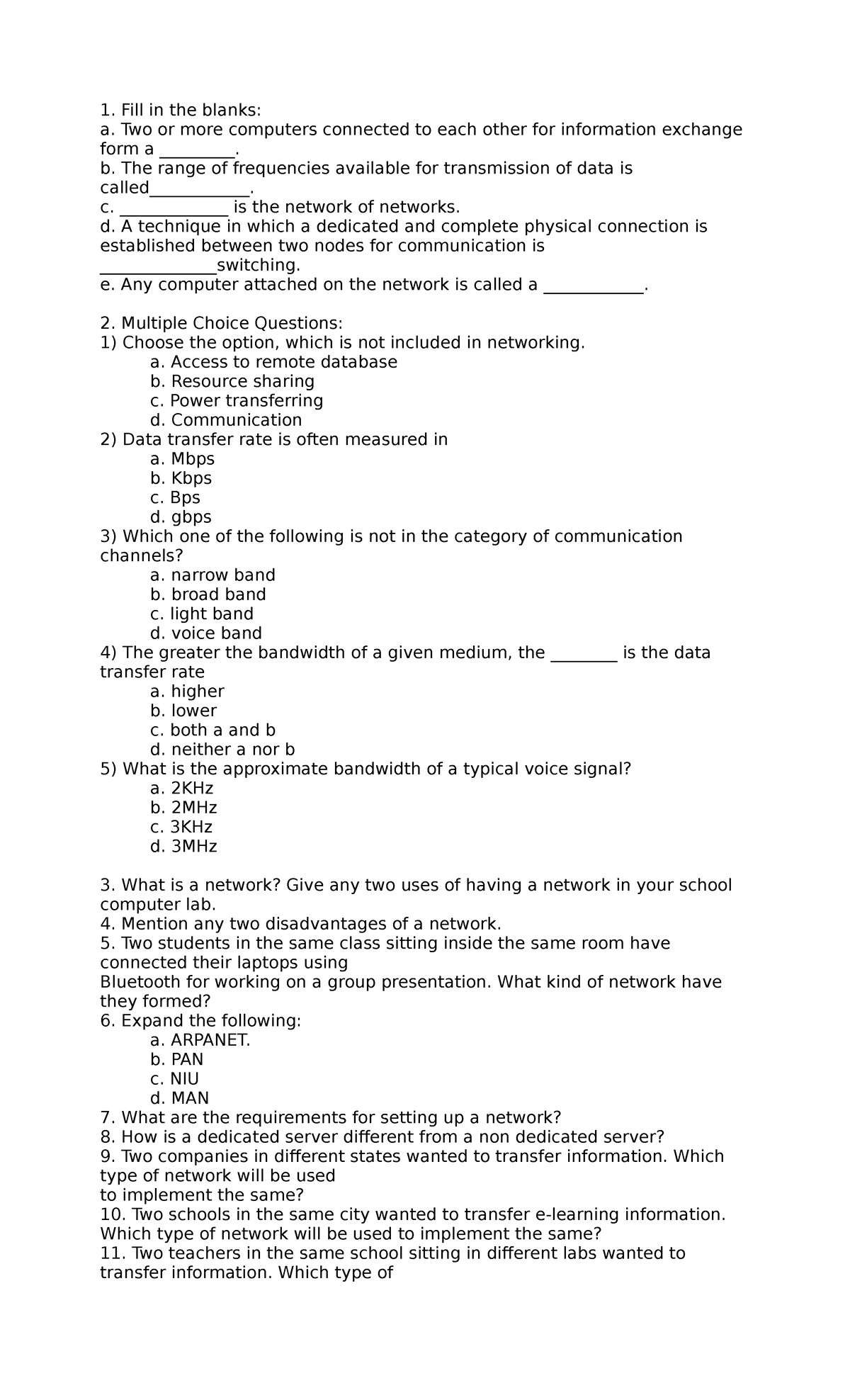 Networking Assignment-1 for data communication - Fill in the blanks: a ...