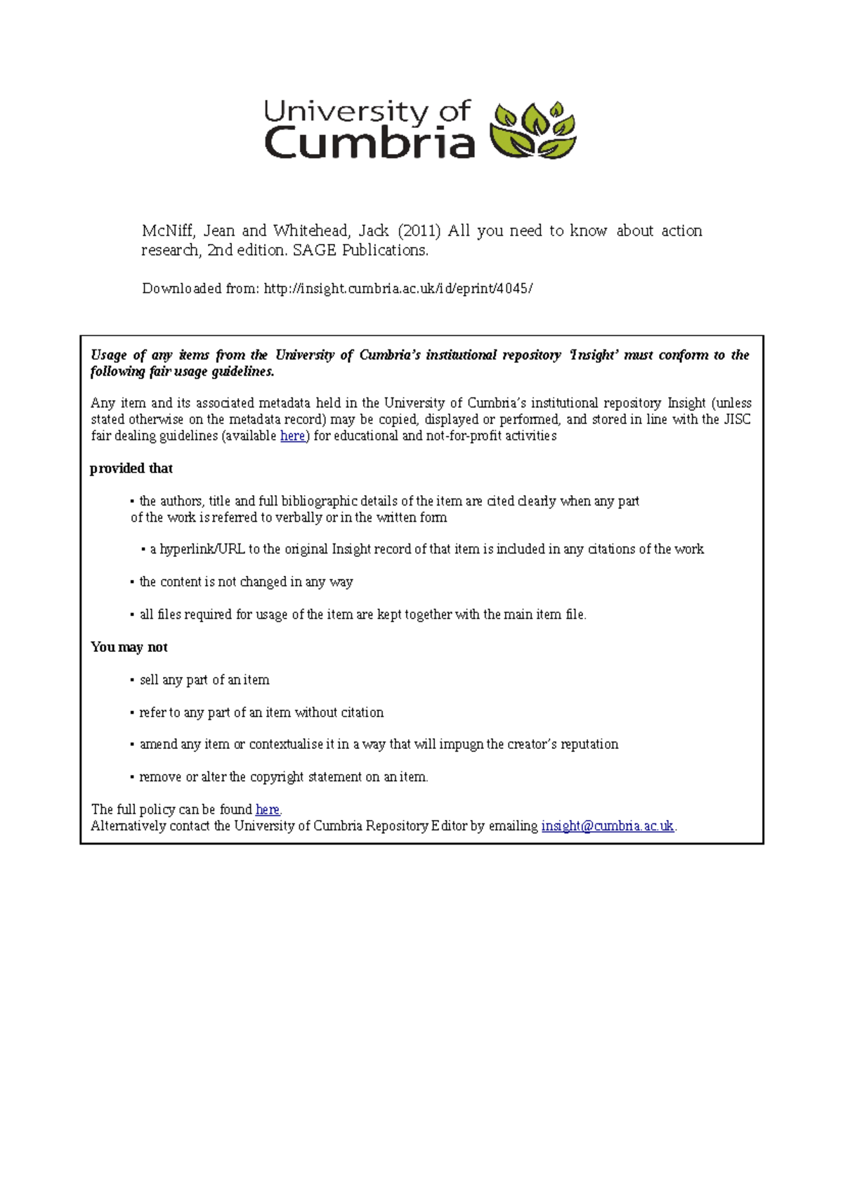 Whitehead All You Need To McNiff, Jean and Whitehead, Jack (2011) All