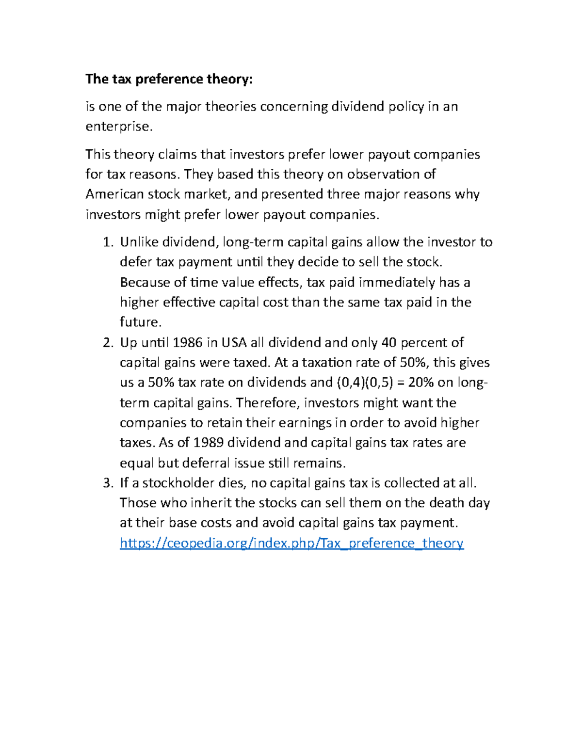 Tax theory - notes - The tax preference theory: is one of the major ...