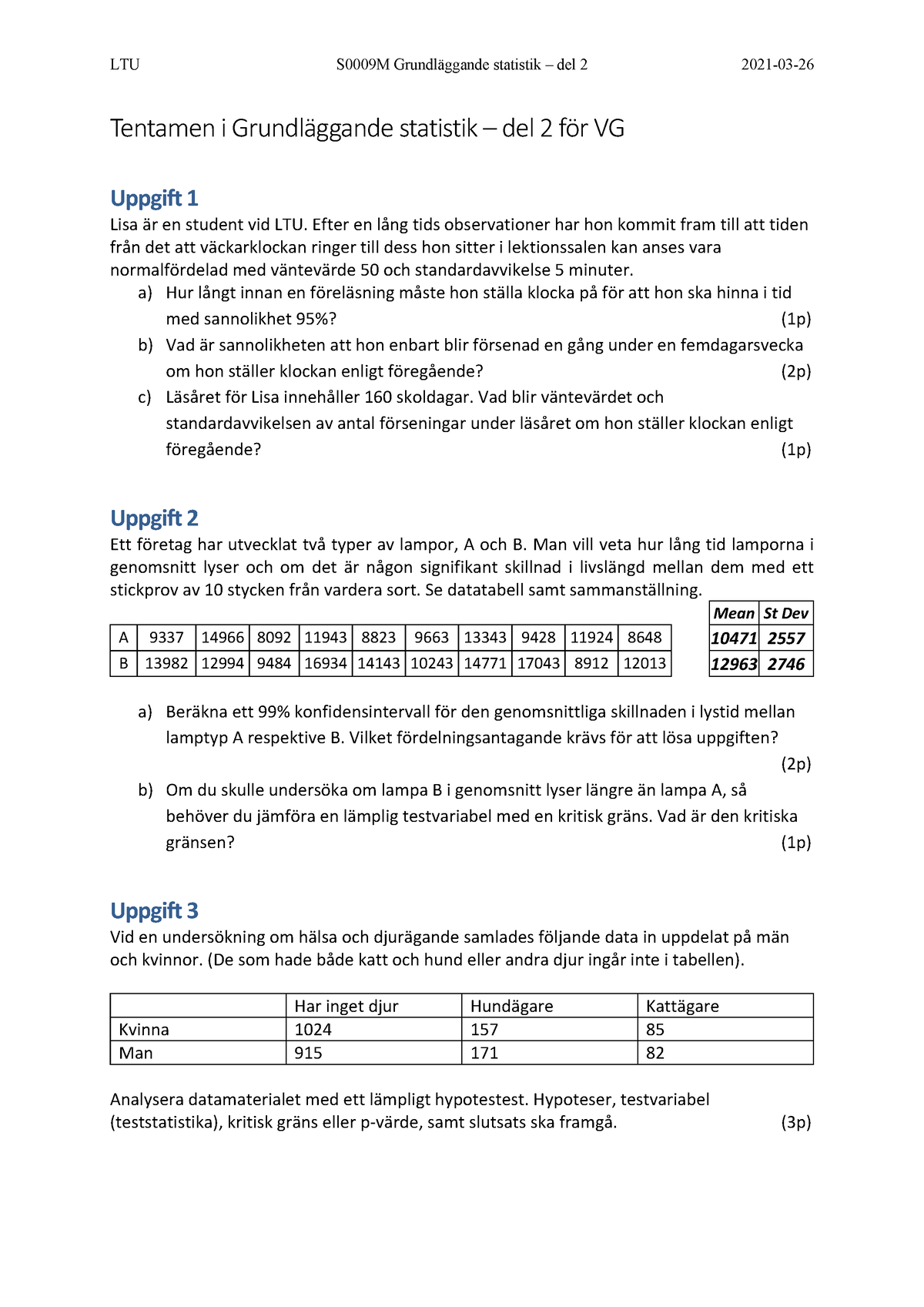 S0009M-del2 210326 - Tentamen B Del Statistik - LTU S0009M ...