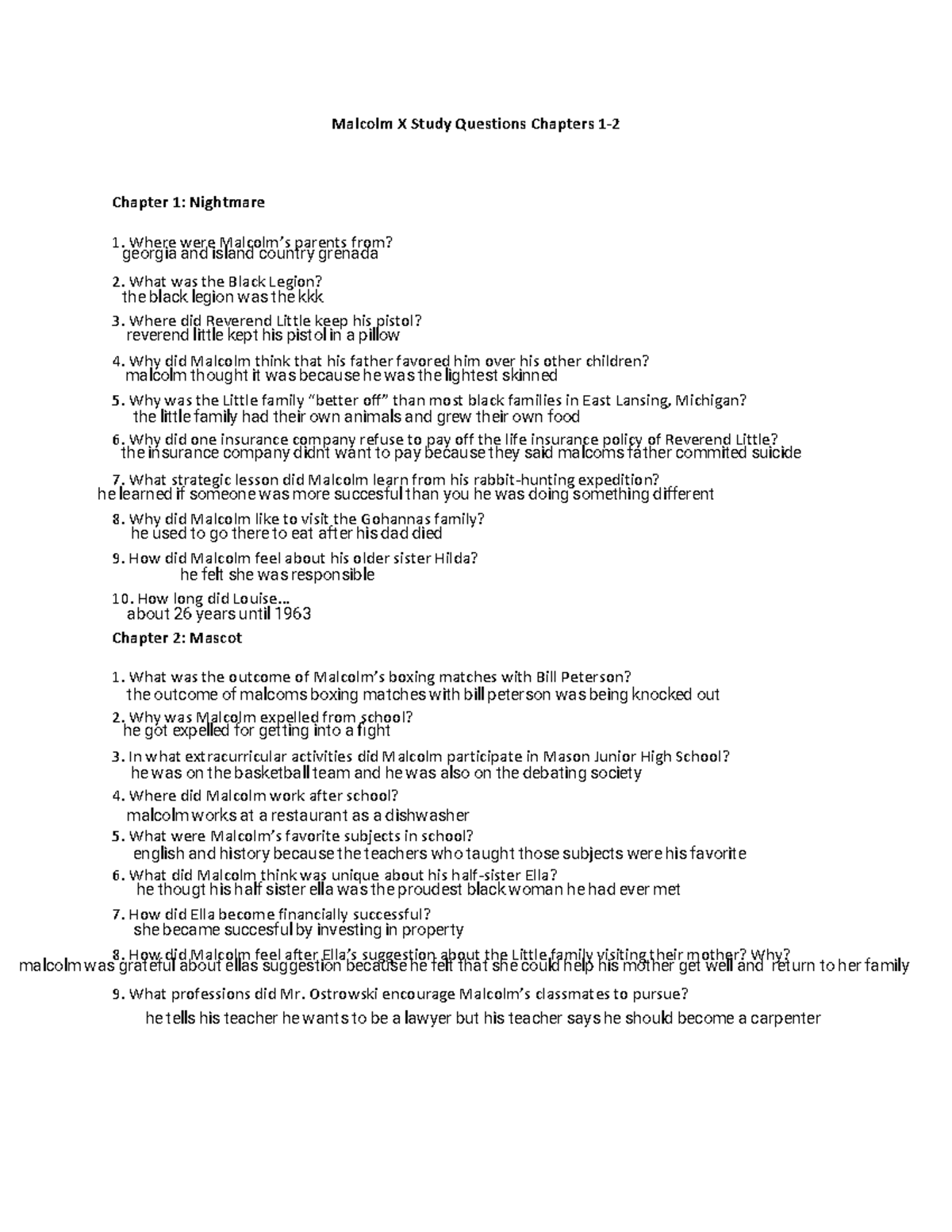 Kami Export Malcolm X Study Questions Chapters 11 Malcolm X Study